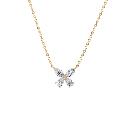 Butterfly-shaped diamond necklace on a gold chain against a white background