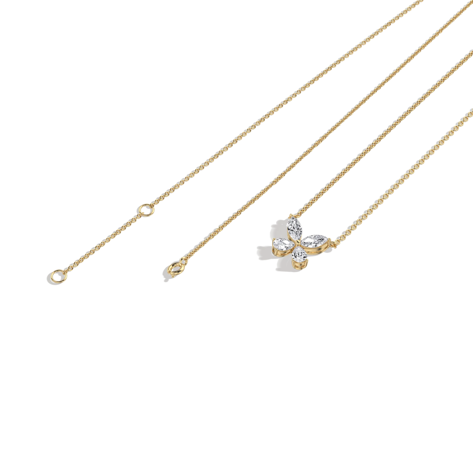 Gold necklace with a butterfly pendant on a white background