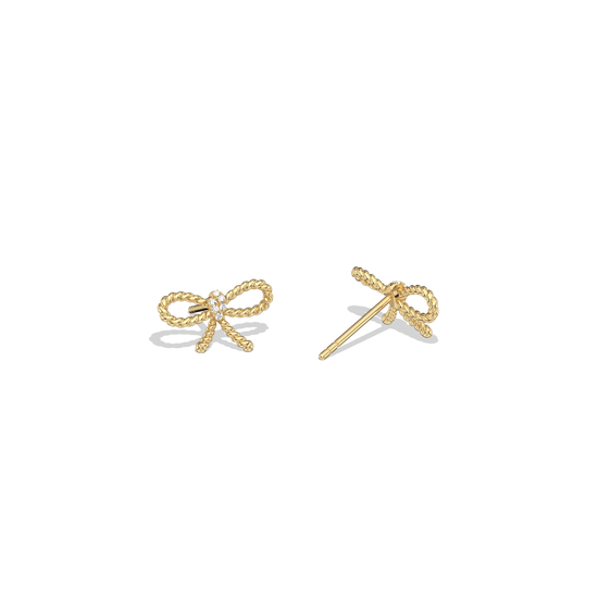 Gold bow-shaped earrings on a white background