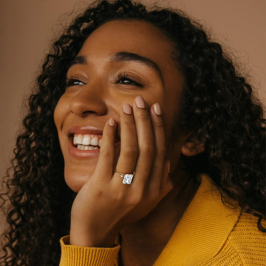 Liora Muse 3.00 Carat Radiant Cut Lab Grown Diamond 4 Prong Ring with 4 mini Side Stone and twisted band 10k Gold