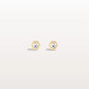 Gold hexagonal earrings with clear gemstones on a light gray background