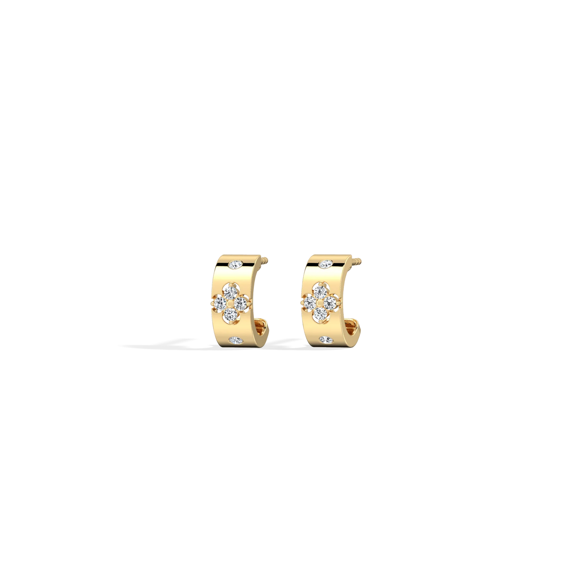Gold hoop earrings with diamond accents on a white background