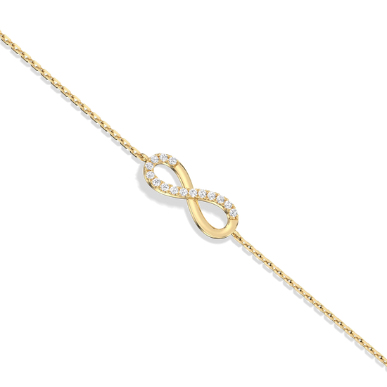 Gold infinity necklace with diamonds on a white background