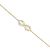 Gold infinity necklace with diamonds on a white background