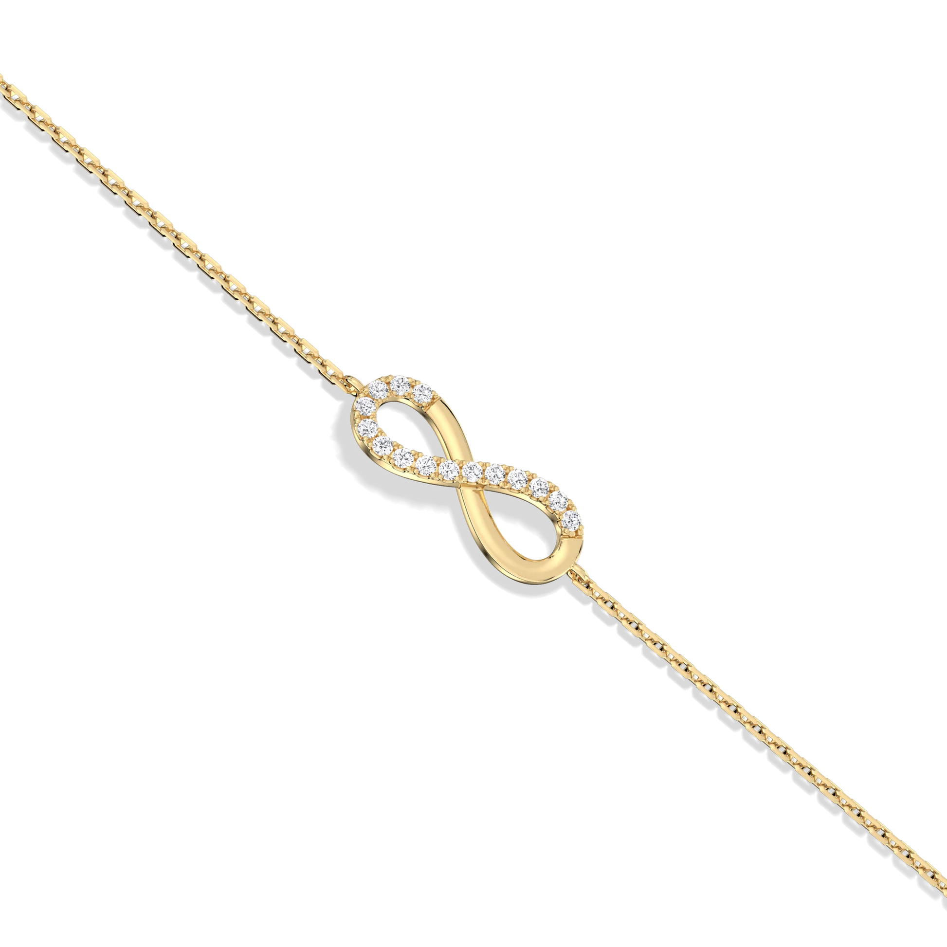 Gold infinity necklace with diamonds on a white background