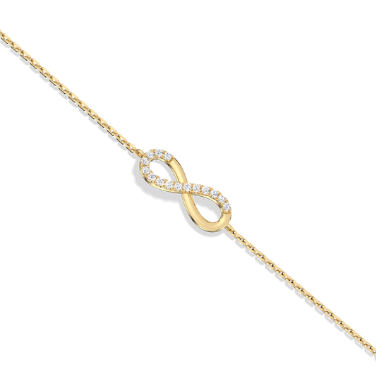 Gold infinity necklace with diamonds on a white background