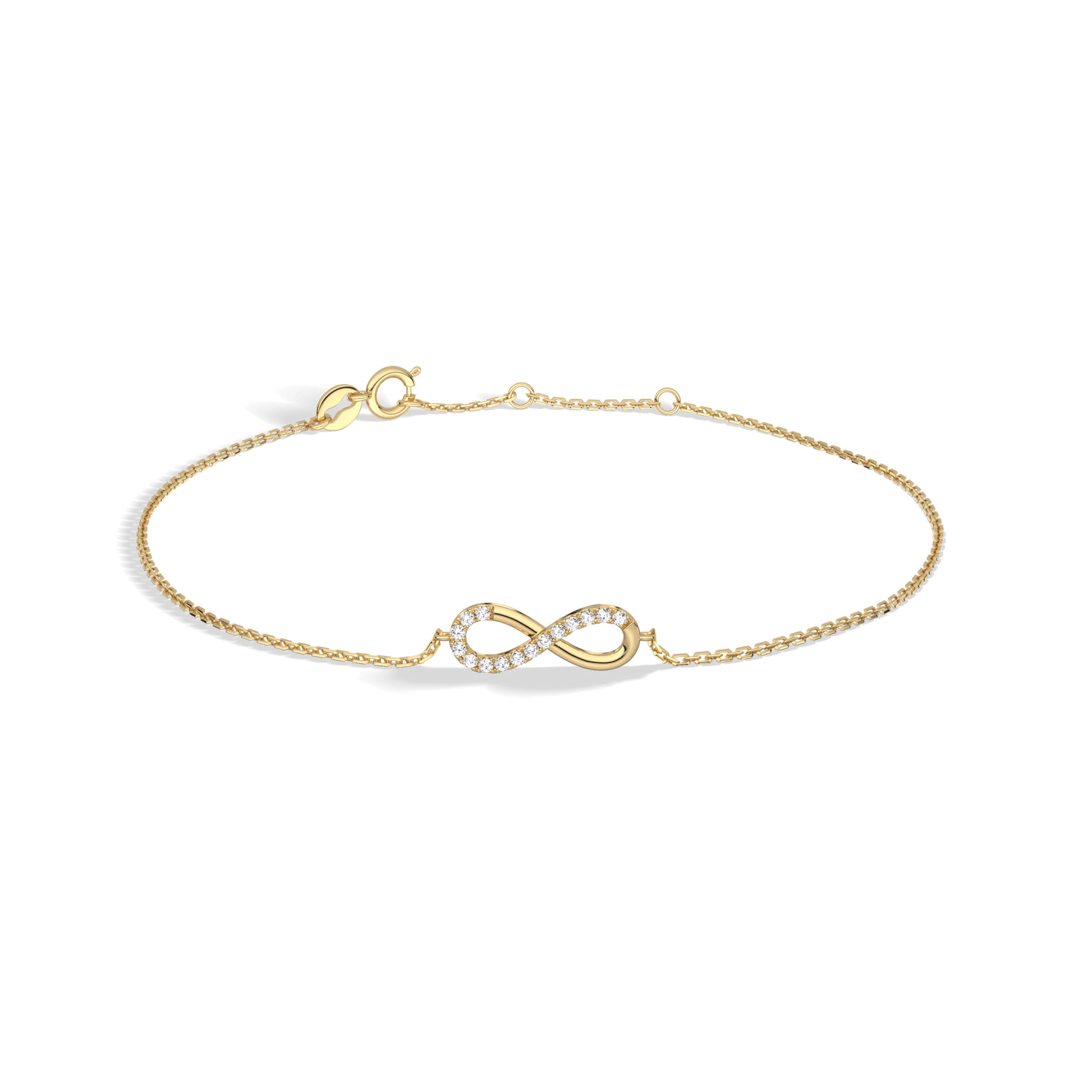 Gold bracelet with an infinity symbol on a white background