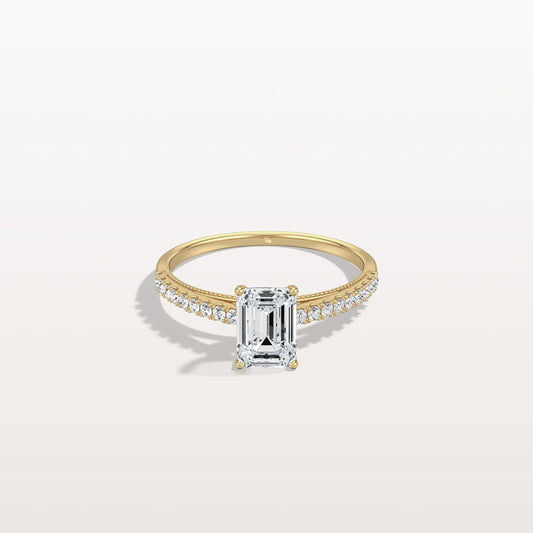 Liora Muse 1CT Lab Grown Emerald Cut Solitaire Pave Engagement Ring in 10K Solid Gold