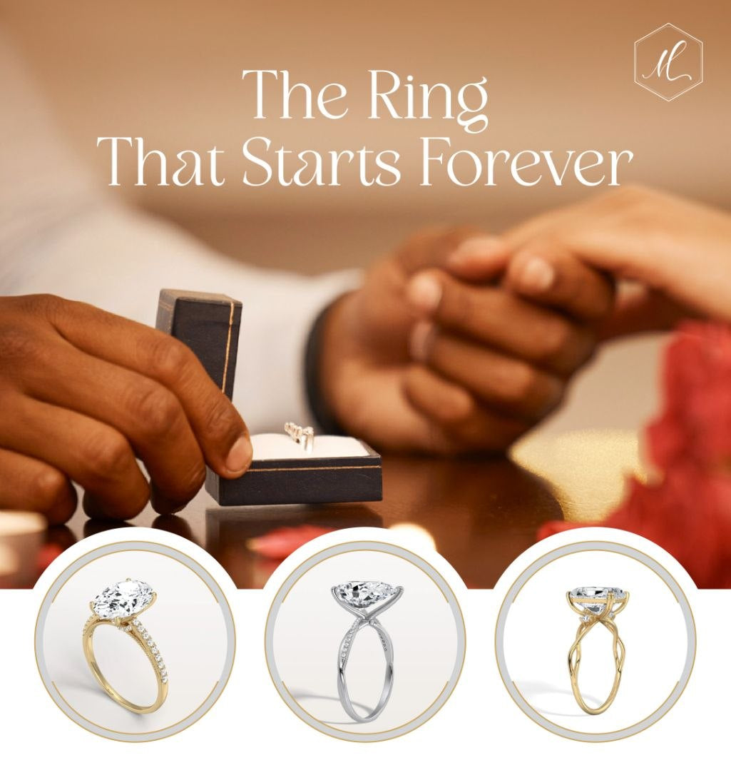 Advertisement for Liora Muse Engagement Ring Collection with hands holding a ring and three ring designs displayed.