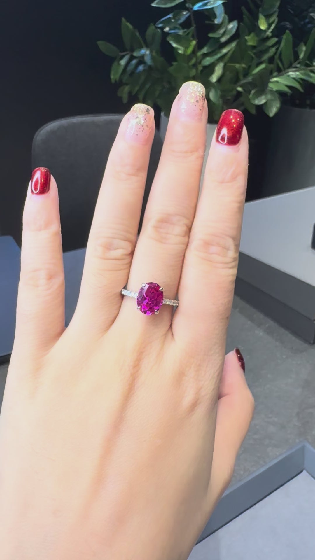 Hot Pink Lab Grown Ruby Ring 3.5ct Oval Ruby 8x10mm 925 Silver 18K Gold Plated Statement Ring